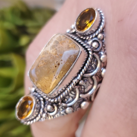 New Oversized Fossil Coral & Citrine 925 Silver Statement Ring. - Picture 4 of 13